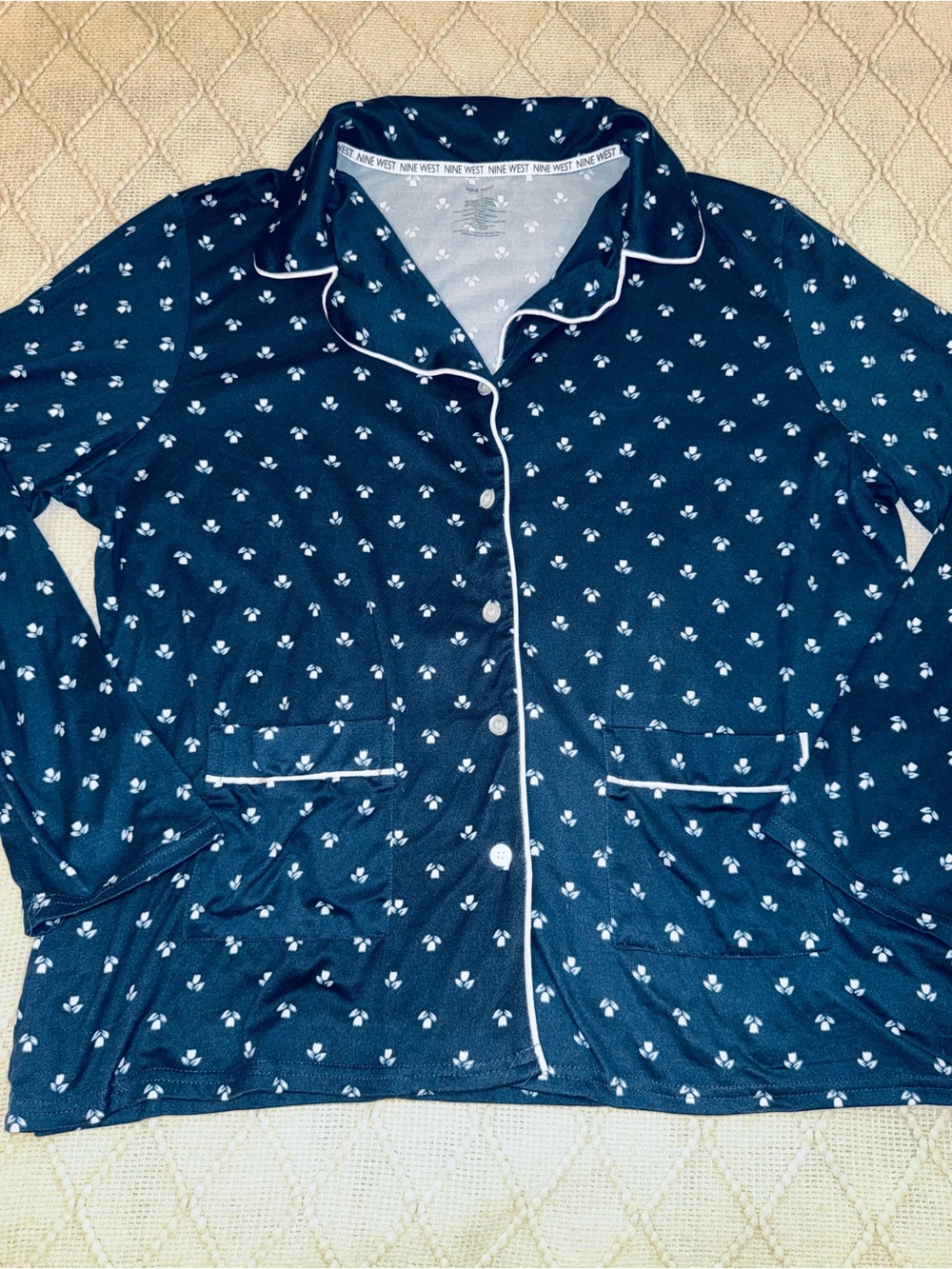 NineWest Navy Blue Floral Printed Pajama Top with White Piping L